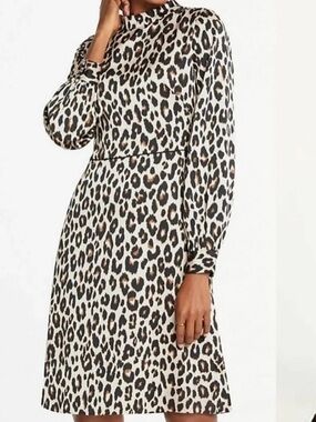 Ann Taylor Spotted Leopard Print Mock Neck Dress Size 10 Petite Long Sleeve